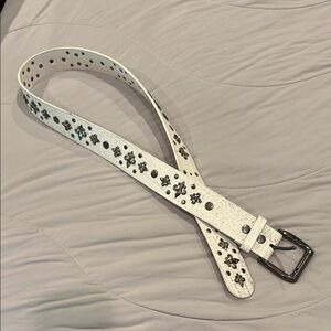 White Studded Leather Belt with Silver Buckle